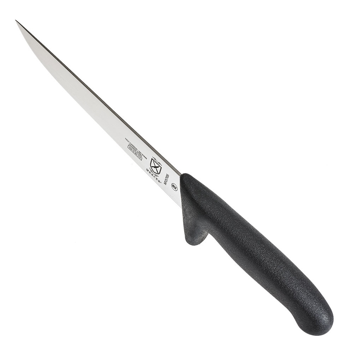 Mercer Culinary BPX M13705 sticking flank knife angled view showing slim blade profile and black handle