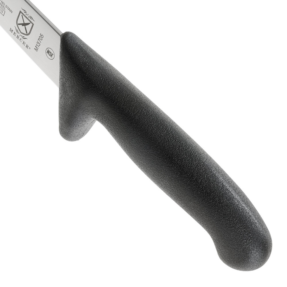 Close-up of Mercer Culinary BPX M13705 knife handle showing textured black glass reinforced nylon and protective finger guard