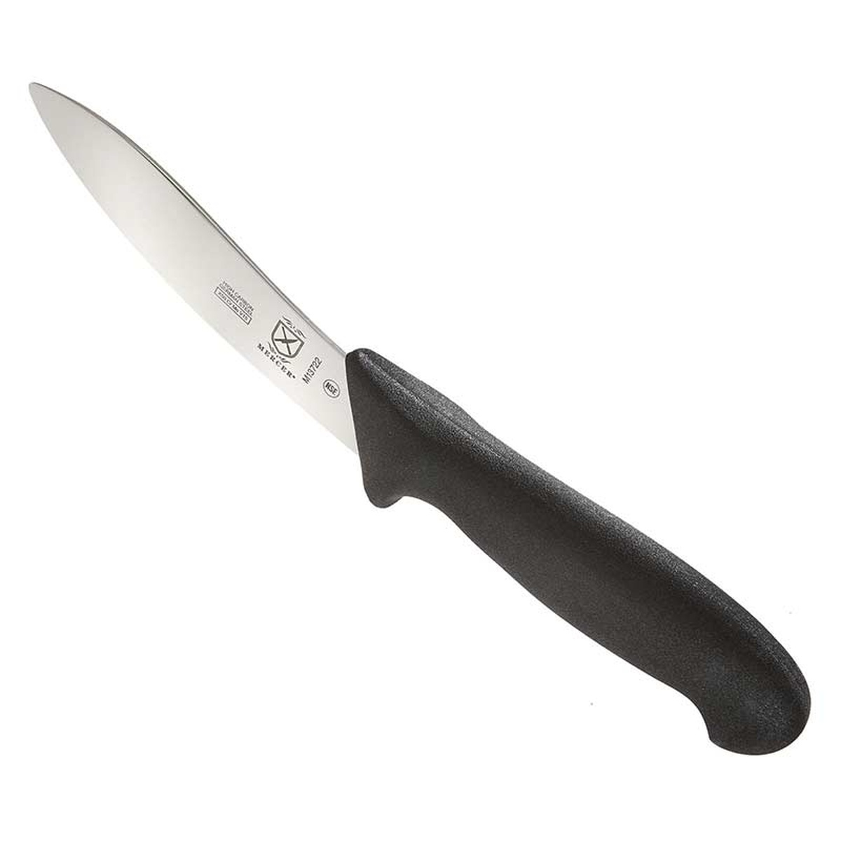 Mercer Culinary M13722 BPX lamb skinning knife with black glass-reinforced nylon handle shown at an angle on white background