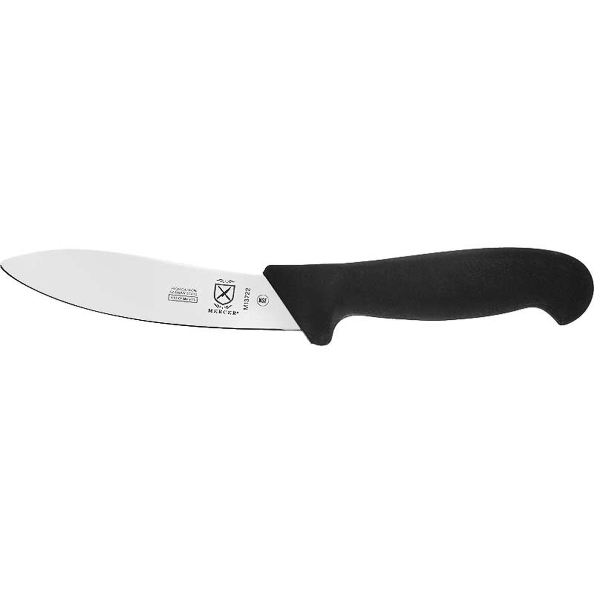 Mercer Culinary M13722 BPX 5-inch lamb skinning knife with curved blade and black nylon handle on white background