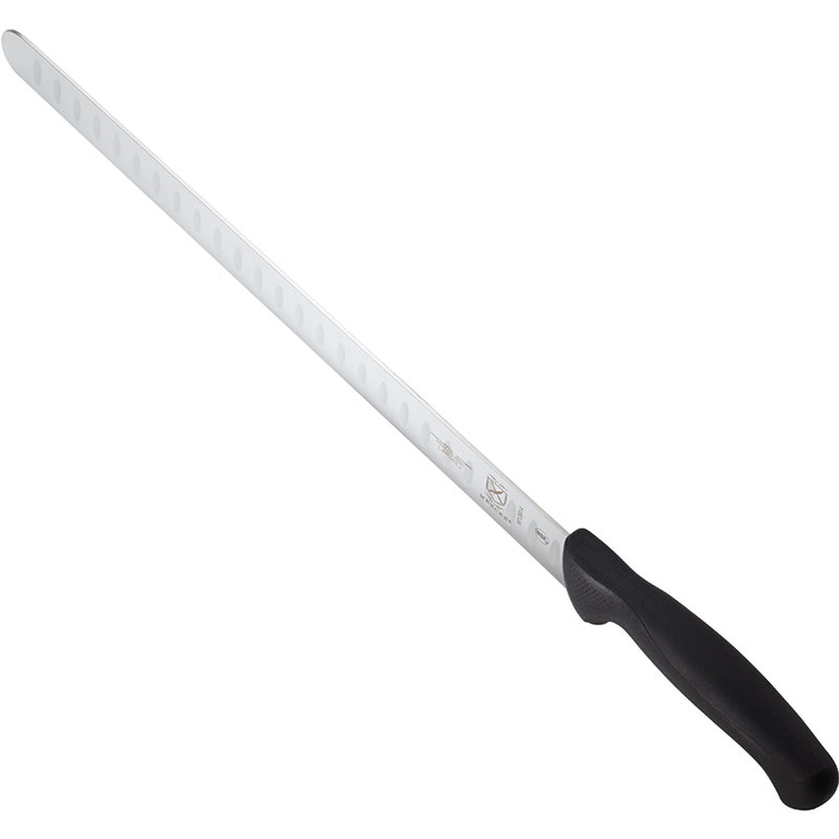 Mercer Culinary M13914 Granton Edge Slicer knife shown at an angle, highlighting the ergonomic black Santoprene handle and granton grooves along the blade