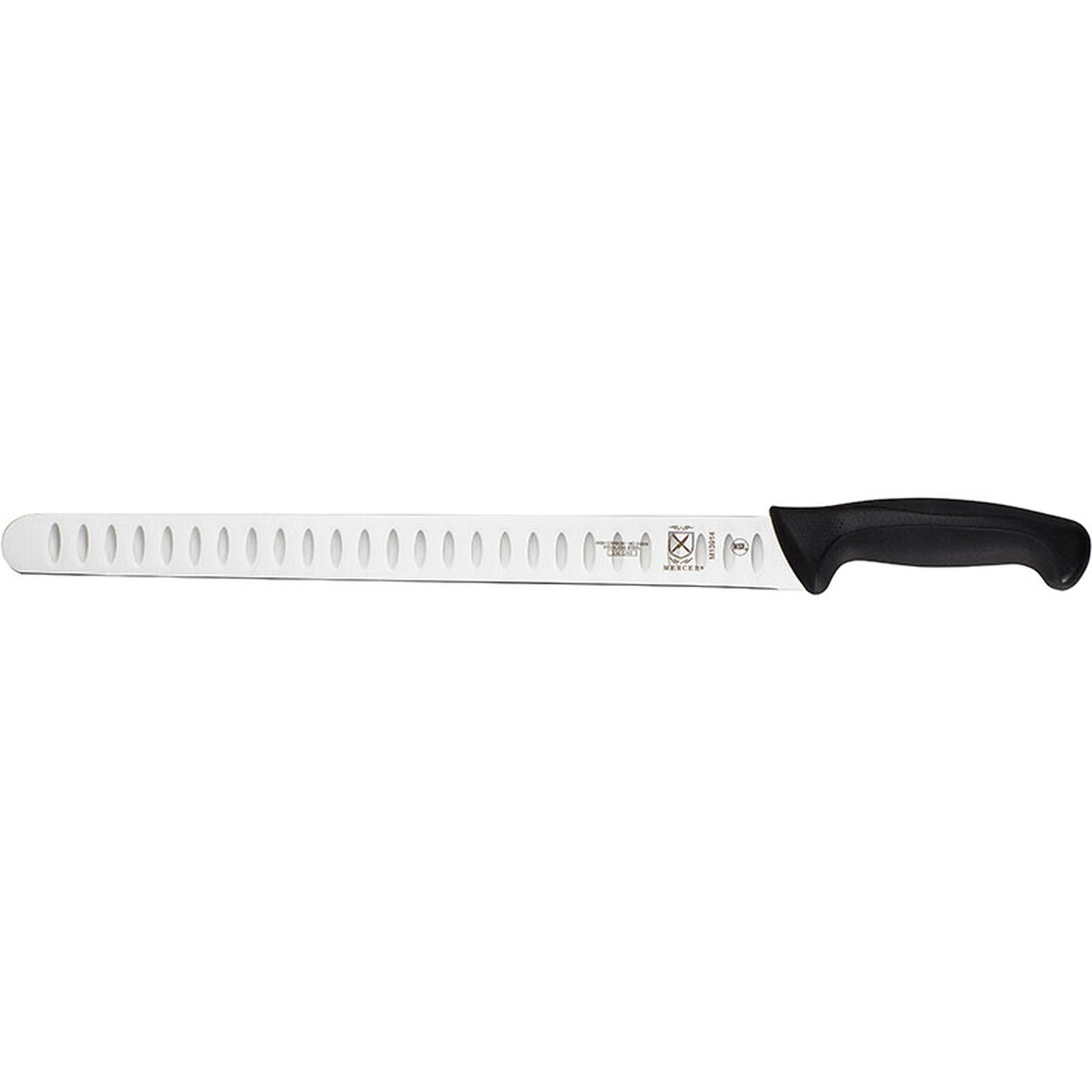 Mercer Culinary M13914 Millennia 14-inch Granton Edge Slicer knife, side profile showing full blade and black handle