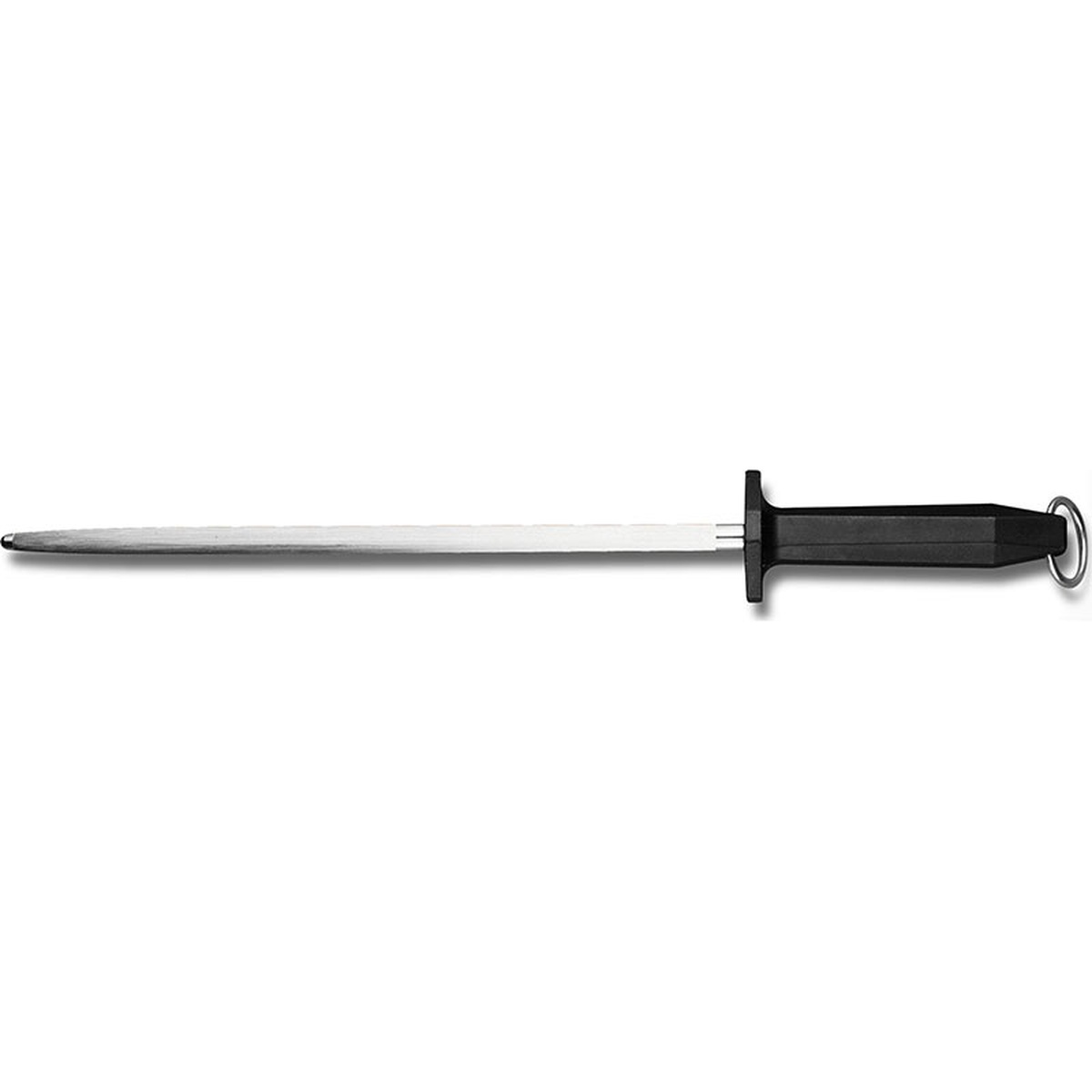 Mercer Culinary 12-inch sharpening steel with black handle and hanging ring