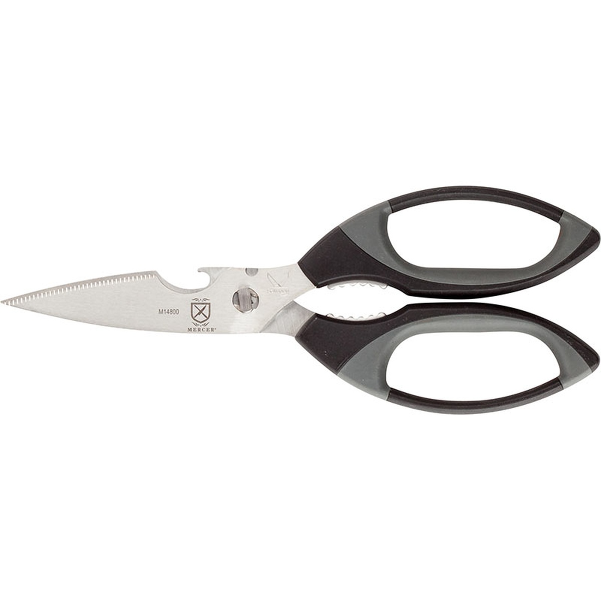 Mercer Culinary M14800P Premium Kitchen Shears with black and gray comfort handles and serrated German steel blade