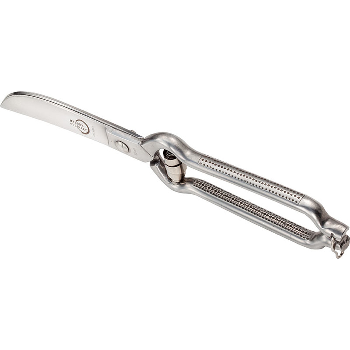 Mercer Culinary M14803 poultry shears angled view showing textured grip handles and precision pivot mechanism