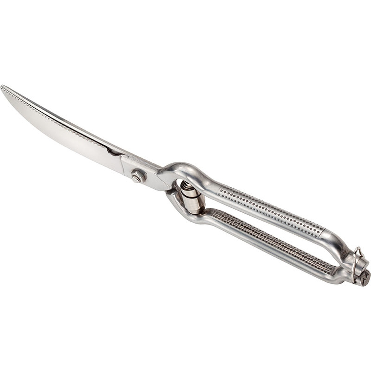 Mercer Culinary M14803 poultry shears open view displaying micro-serrated blade edge and stainless construction