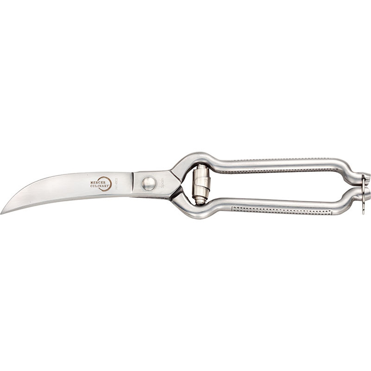 Mercer Culinary M14803 poultry shears side profile showing curved blade and stainless steel handles