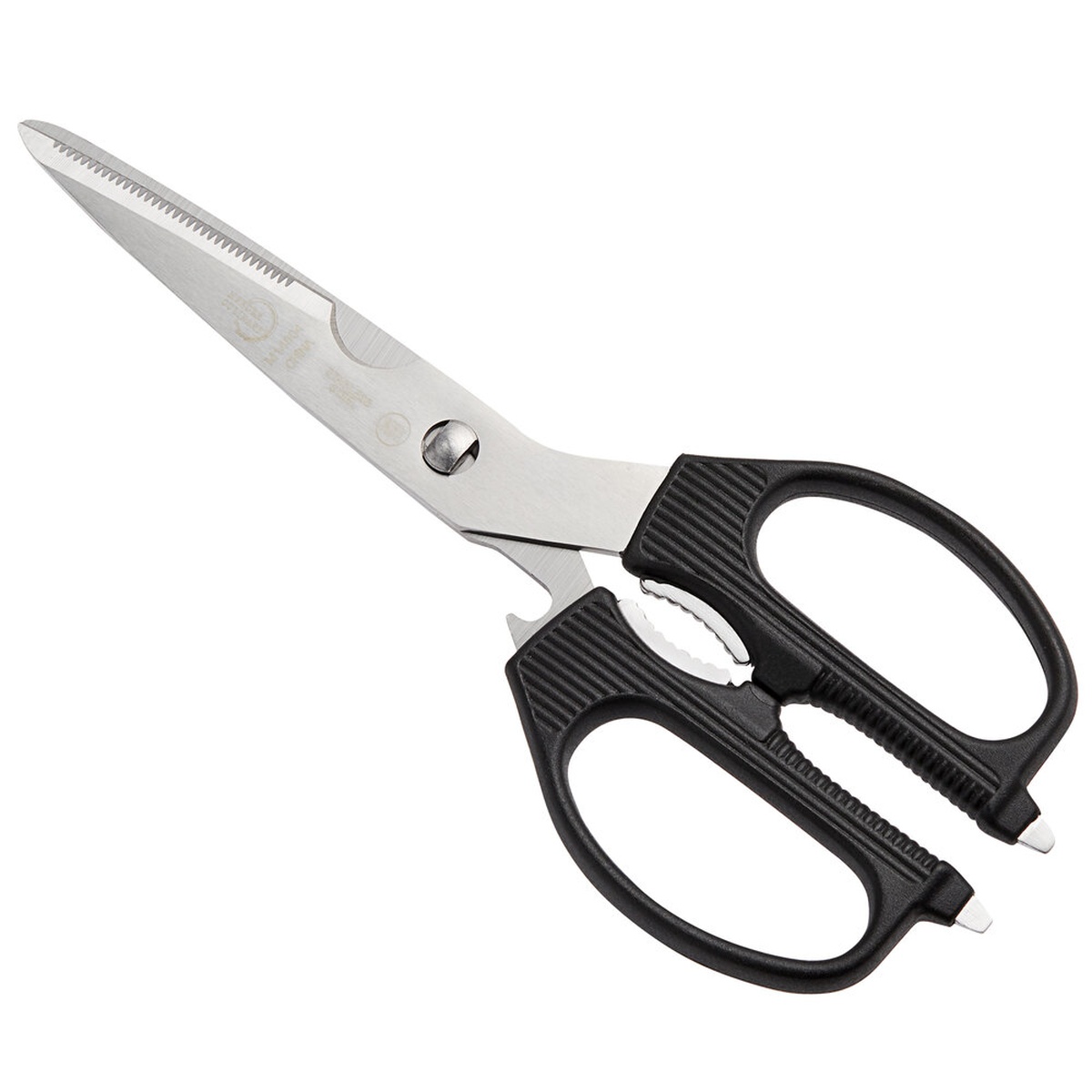 Mercer Culinary M14804 multi-purpose kitchen shears with serrated stainless steel blade and black polypropylene handle