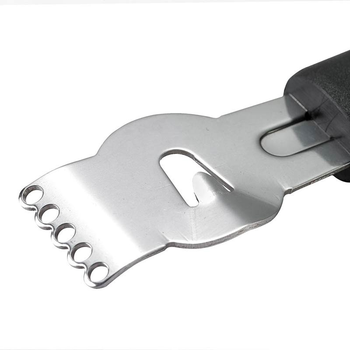 Close-up of the stainless steel zester and channel knife blade head of the Mercer Culinary M15400P