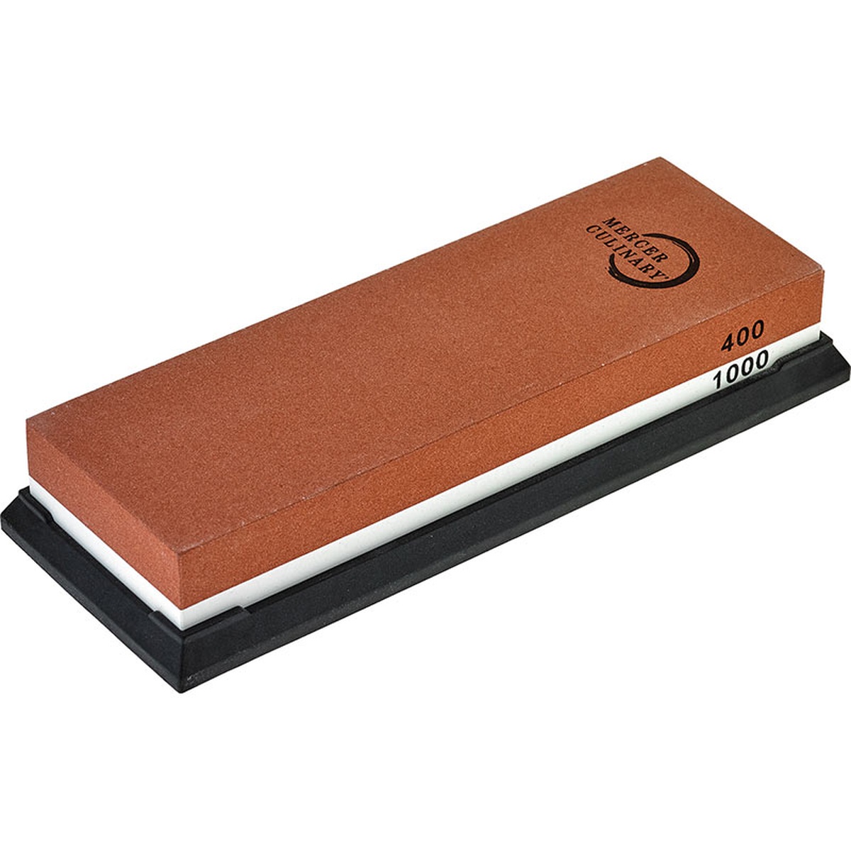 Mercer Culinary M15951 400/1000 grit dual-sided corundum sharpening stone on black rubber base