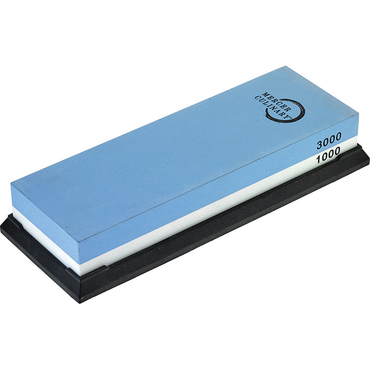 Mercer Culinary M15952 1000/3000 grit dual-sided corundum sharpening stone with rubberized black base holder