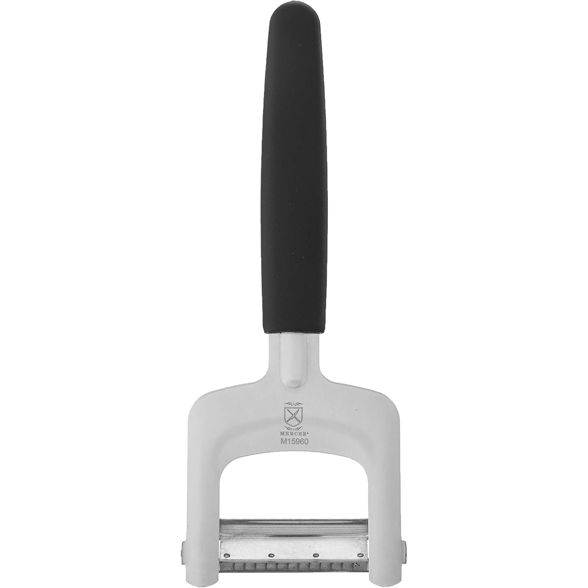 Mercer Culinary M15960 julienne Y-peeler full view showing black polypropylene handle and stainless steel frame