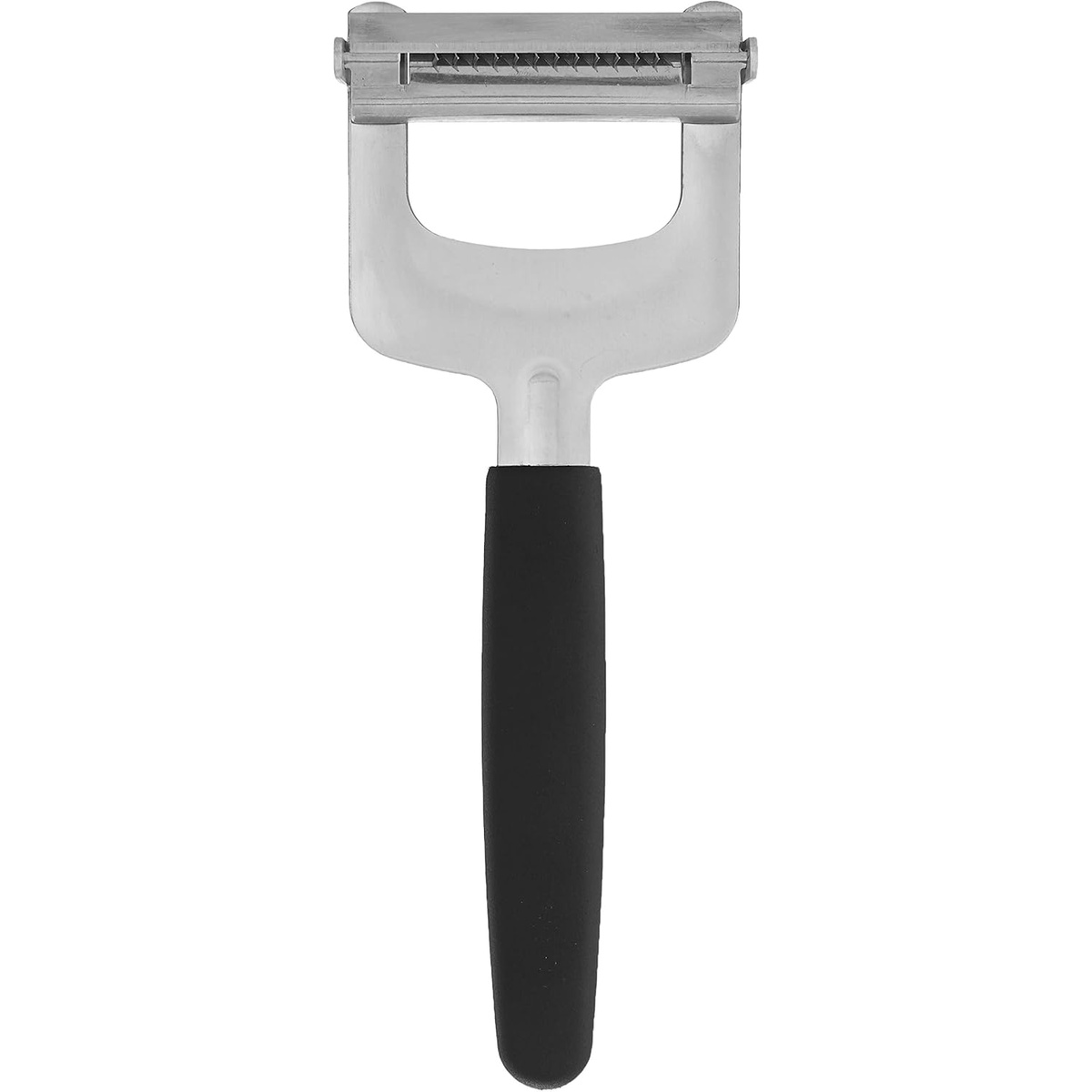 Mercer Culinary M15960 julienne peeler alternate angle showing Y-shaped stainless steel head and black handle
