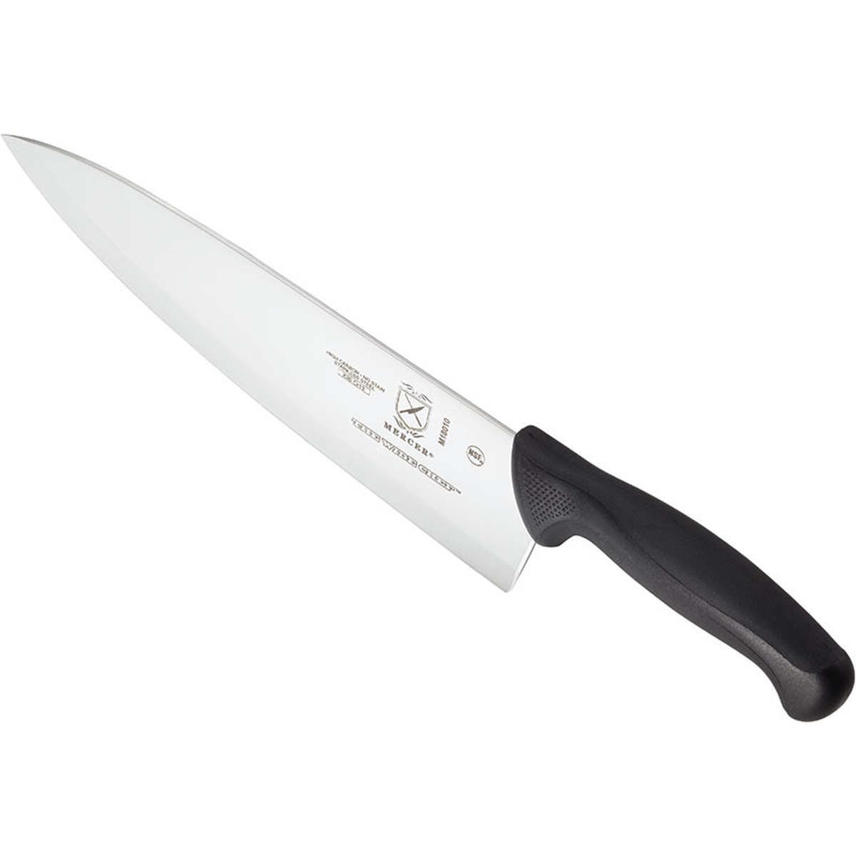 Mercer Culinary M18010 Millennia chef knife showing ergonomic black handle with finger guard detail, angled view
