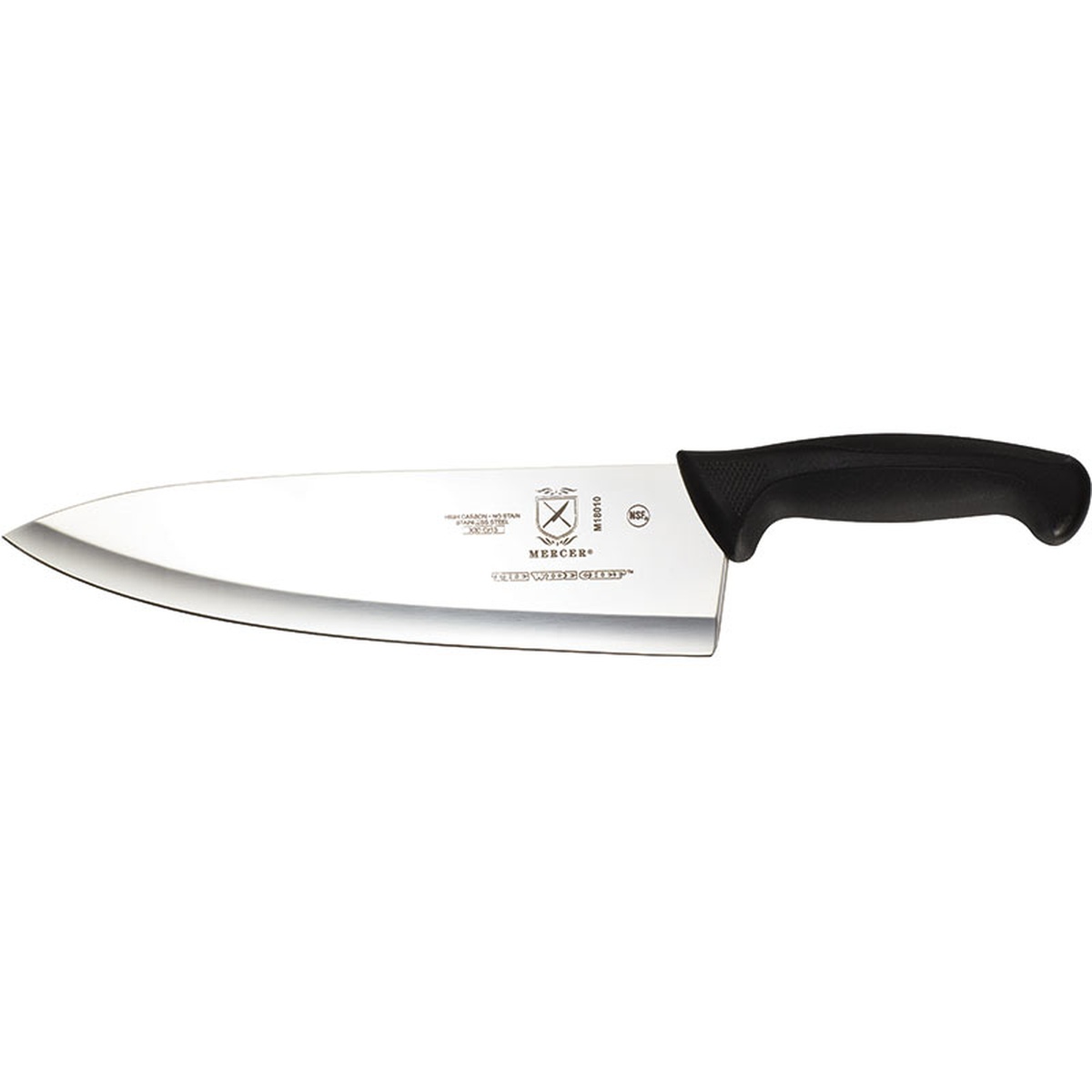 Mercer Culinary M18010 Millennia 10-inch wide chef knife with black Santoprene handle, side profile view
