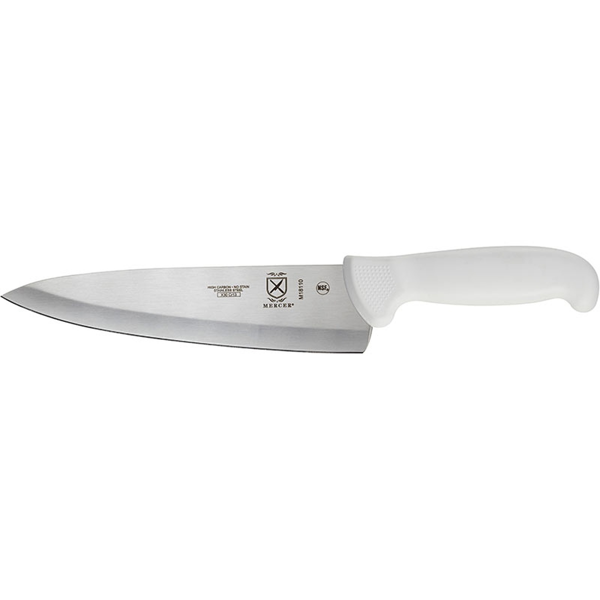 Mercer Culinary M18110 Ultimate White 8-inch chef knife with white polypropylene handle and high-carbon stainless steel blade