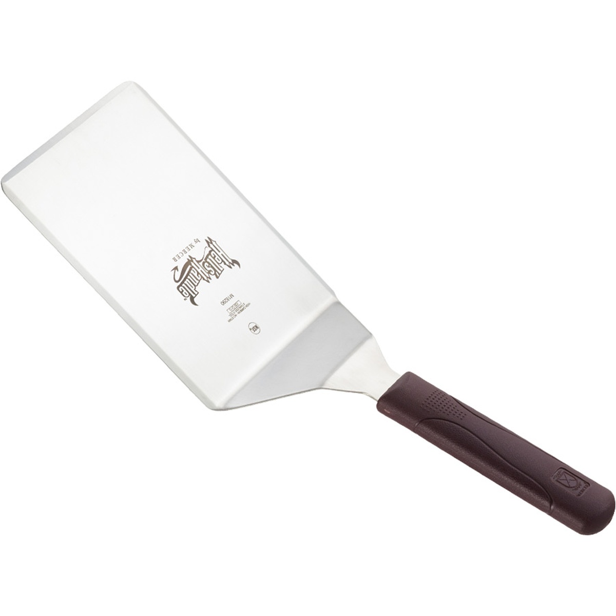 Mercer Culinary Hell's Handle heavy-duty turner shown at an angle, highlighting the angled neck connecting the stainless blade to the nylon handle