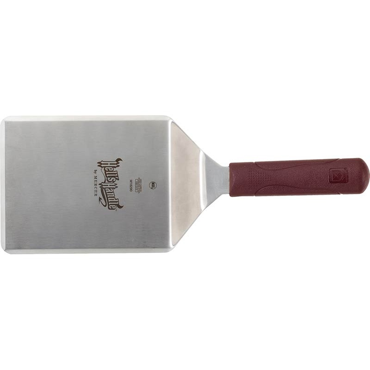 Mercer Culinary Hell's Handle heavy-duty square edge turner, full front view showing stainless steel blade and dark red nylon handle