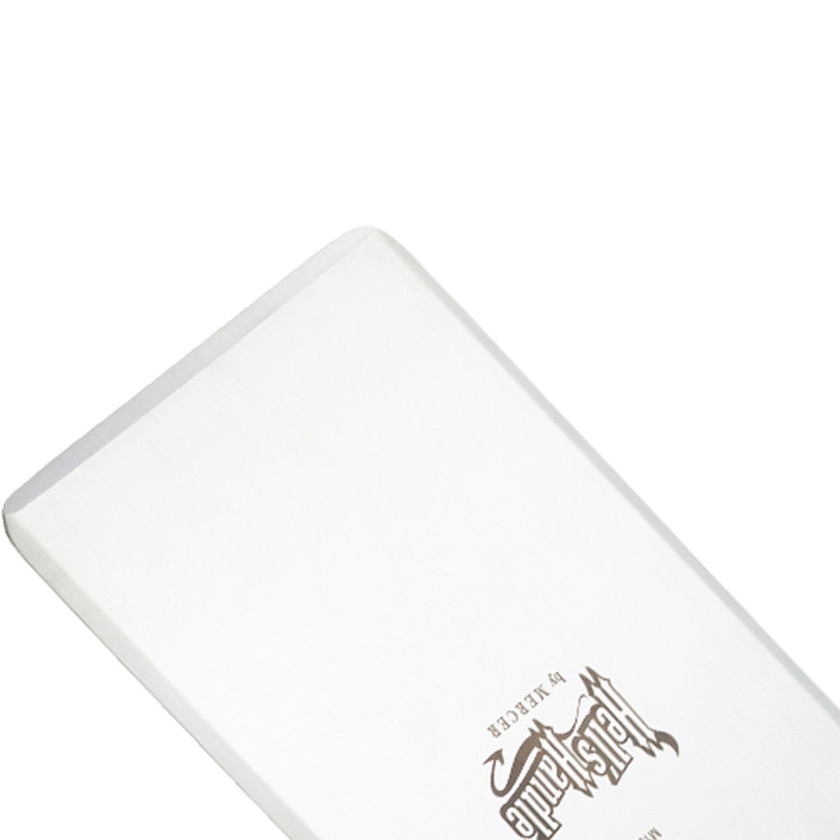 Close-up of Hell's Handle stainless steel blade corner showing beveled square edge and Hell's Handle branding