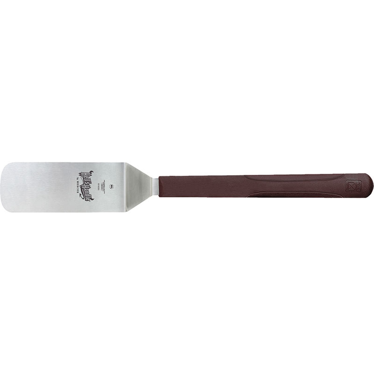 Mercer Culinary Hell's Handle M18330 long handle turner full product view showing stainless steel blade and dark red nylon handle