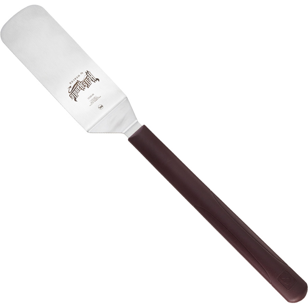 Mercer Culinary Hell's Handle M18330 turner shown at a diagonal angle highlighting blade offset and handle length