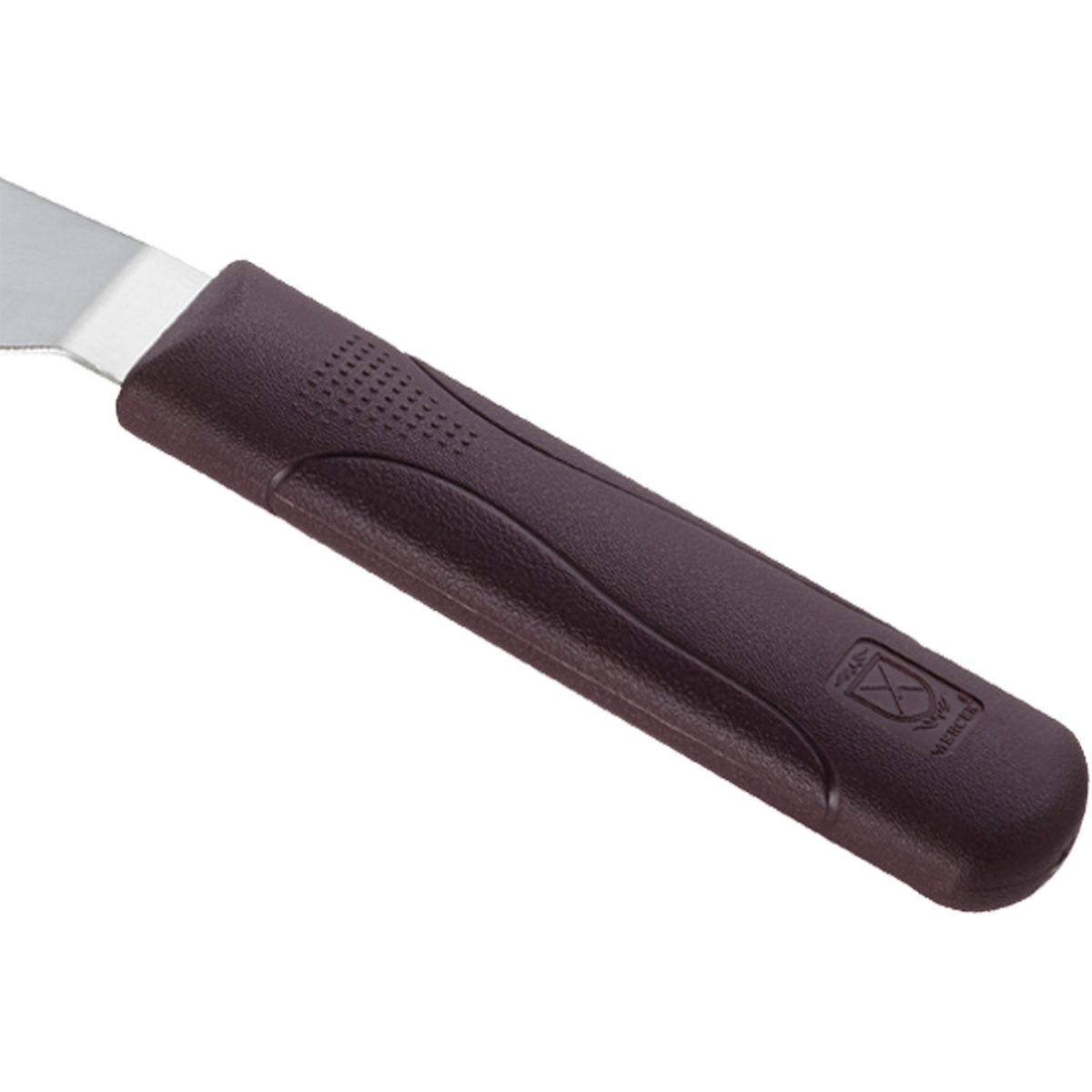 Close-up of Mercer Culinary Hell's Handle dual-textured dark nylon handle with grip texture zones