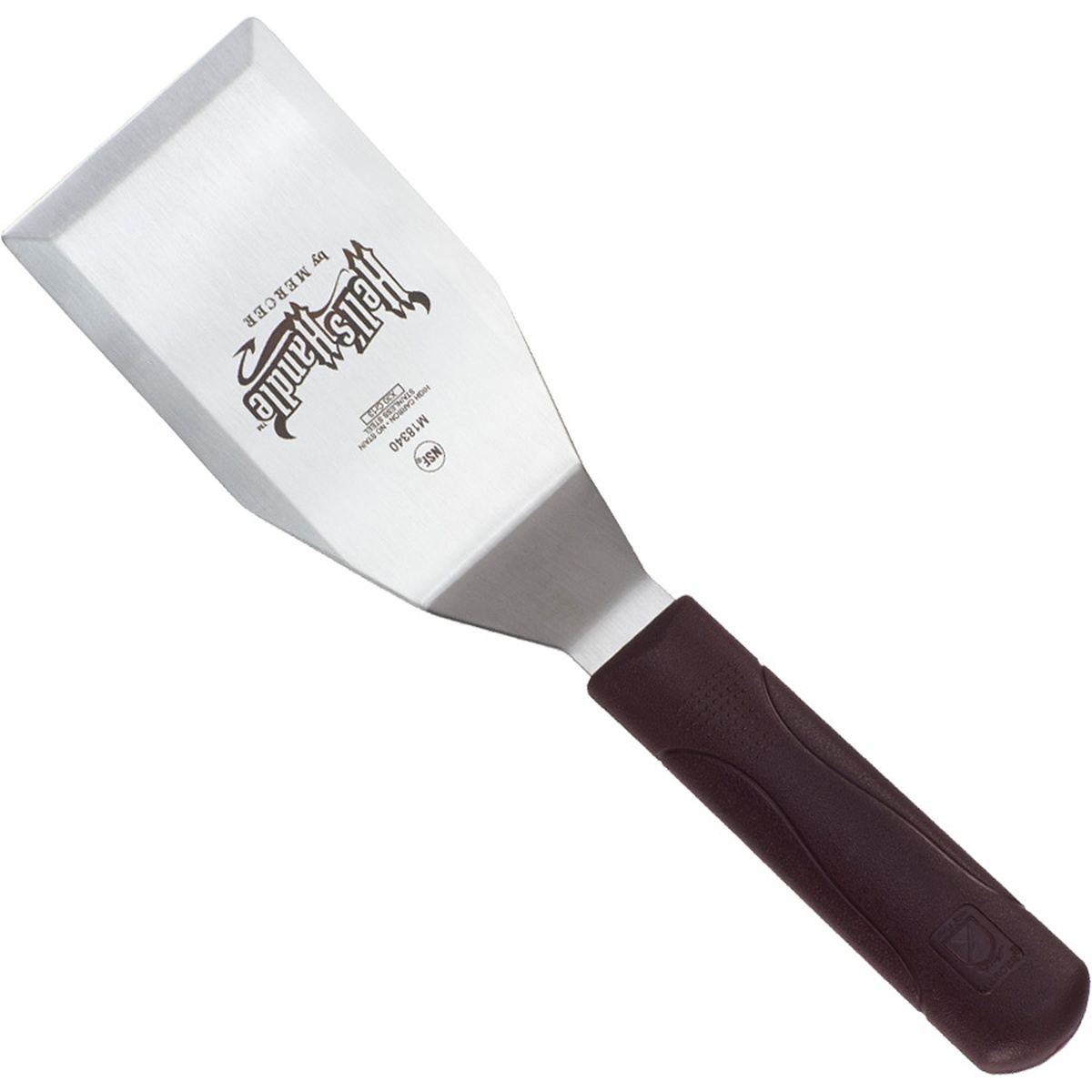 Mercer Culinary Hell's Handle M18340 turner shown at an angle, highlighting blade width and handle profile