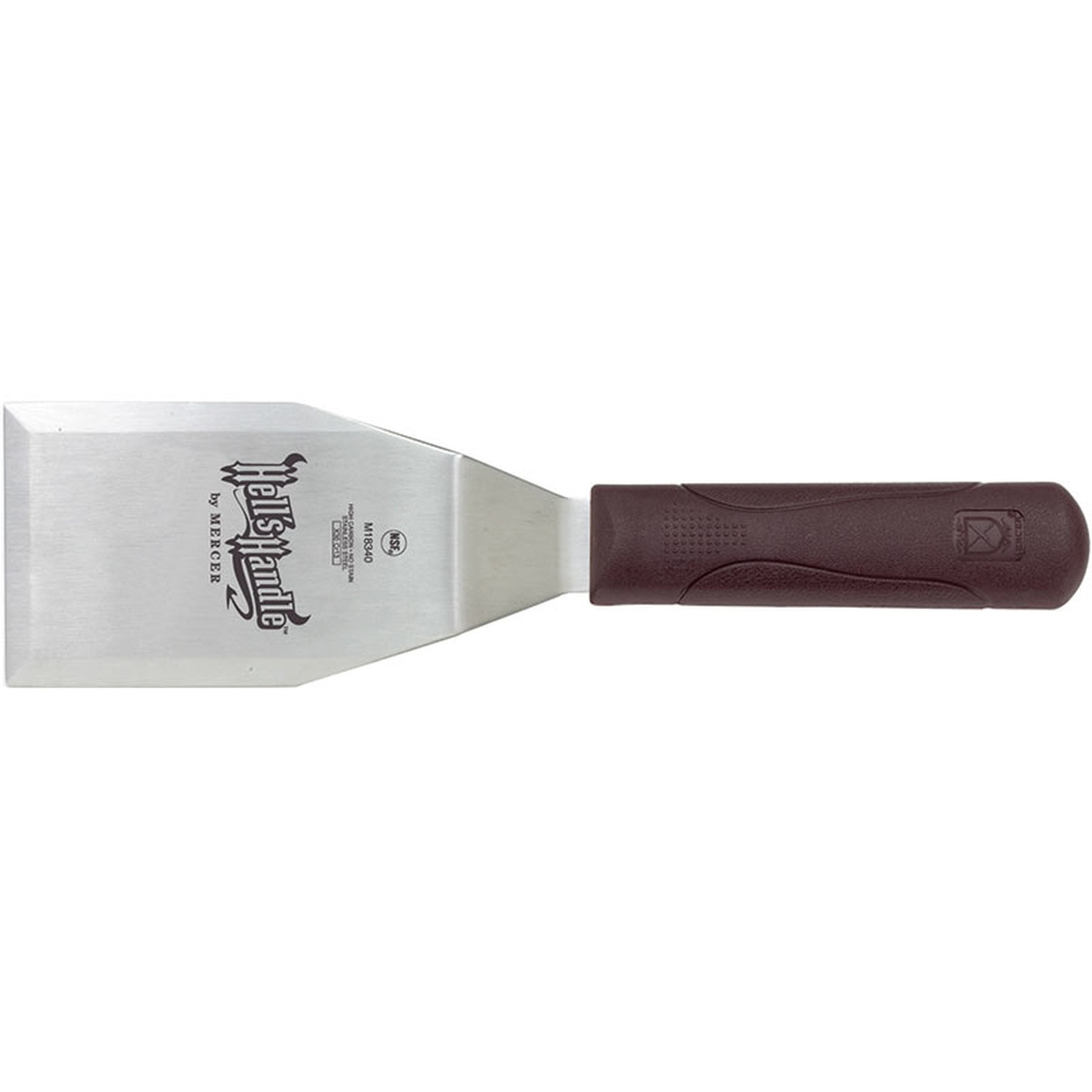 Mercer Culinary Hell's Handle M18340 heavy-duty turner with stainless steel blade and dark nylon handle, full view