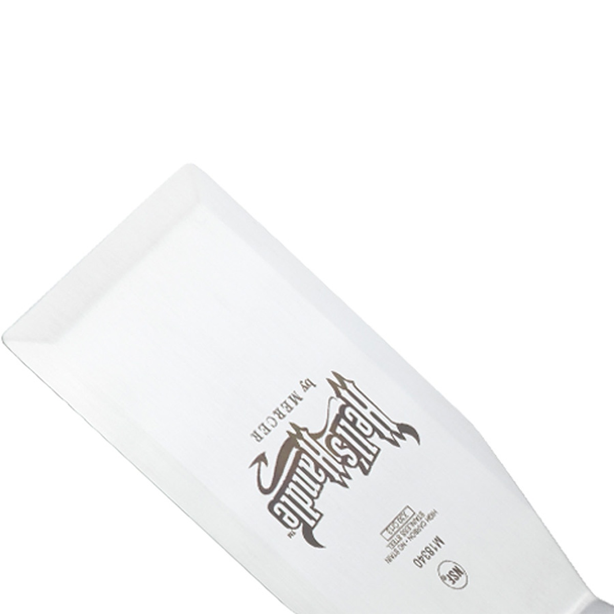 Close-up of Mercer Culinary Hell's Handle stainless steel blade showing Hell's Handle branding and NSF marking