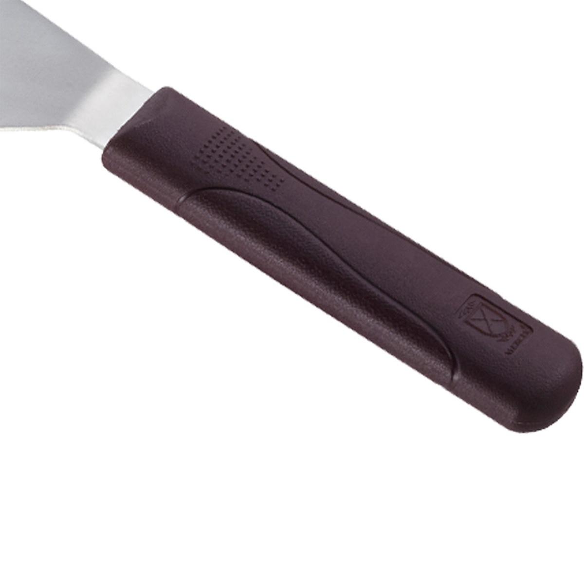 Close-up of Hell's Handle dark nylon dual-textured handle showing dimpled grip surface and Mercer Culinary logo