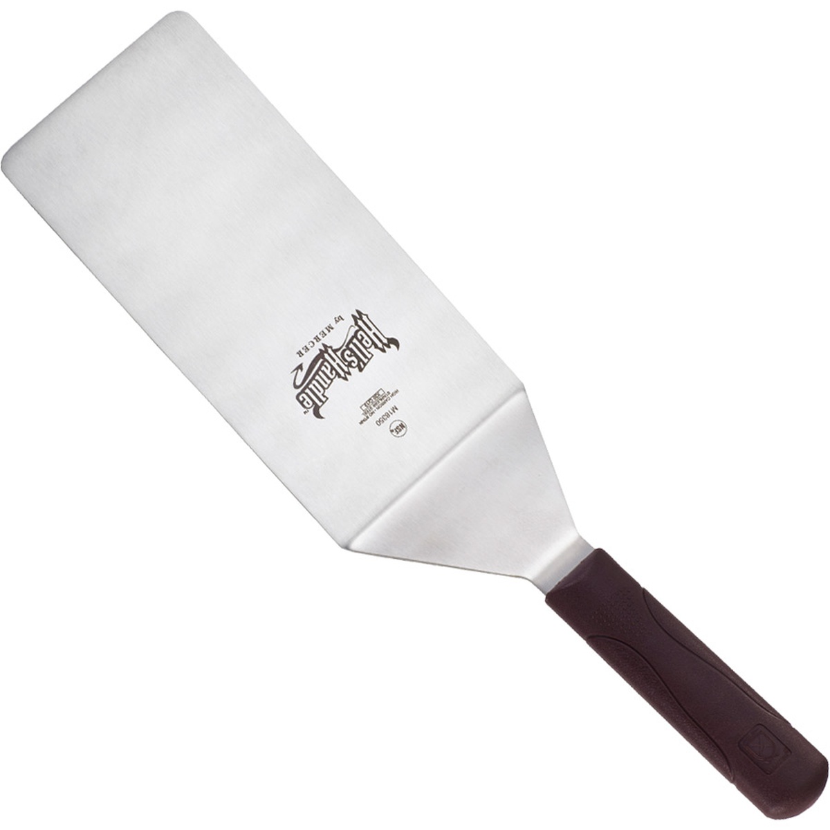 Mercer Culinary Hell's Handle turner angled view showing full stainless steel blade and Hell's Handle branding