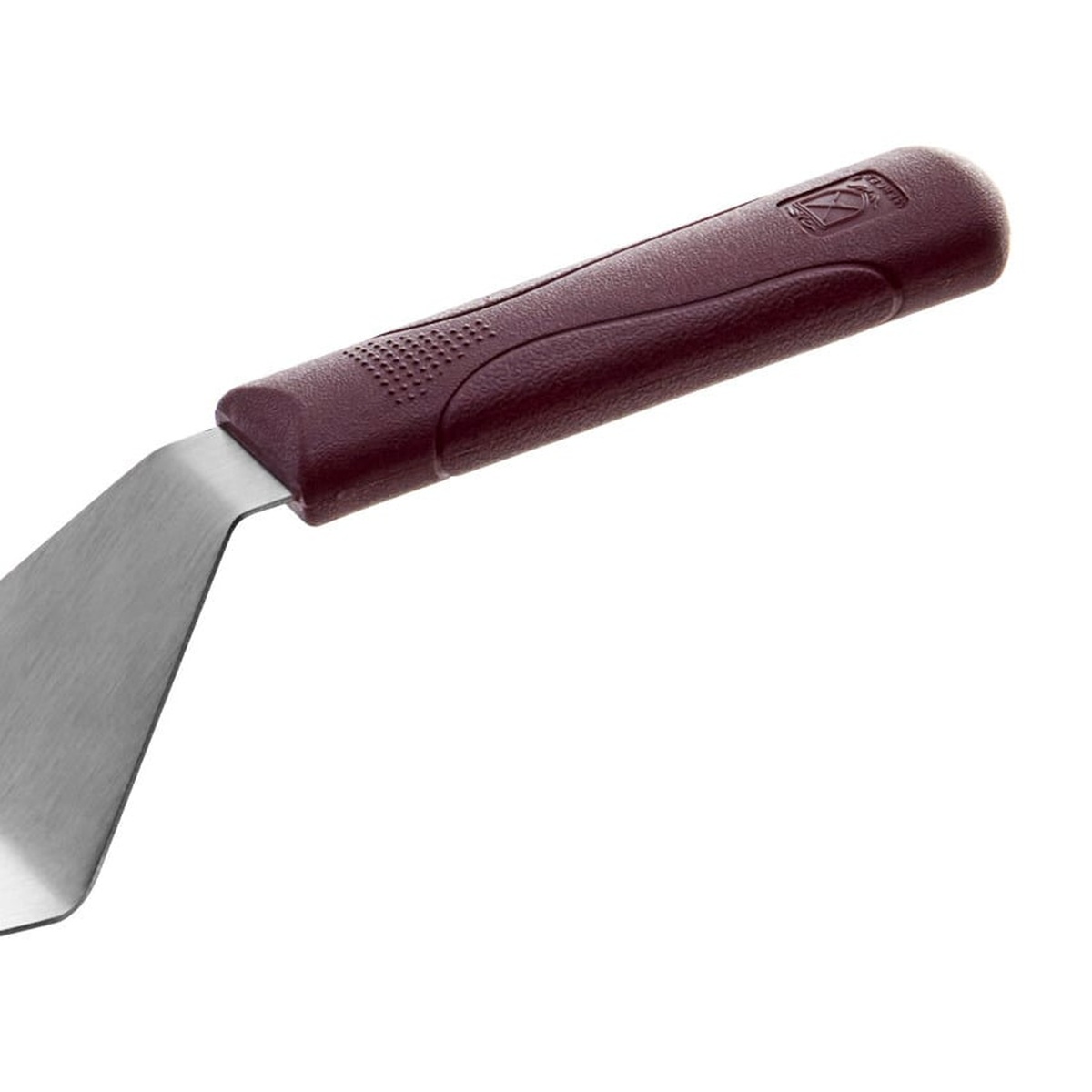 Close-up of the dual-textured red nylon handle and blade connection on the Mercer Culinary Hell's Handle turner