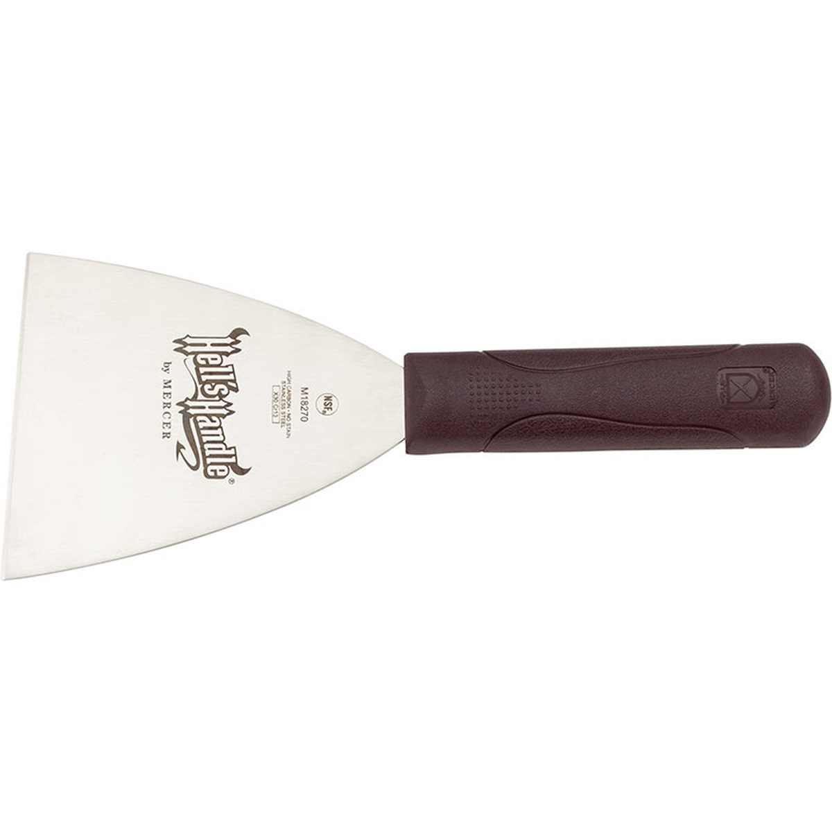 Mercer Culinary Hell's Handle bench scraper full product view with stainless steel blade and burgundy handle