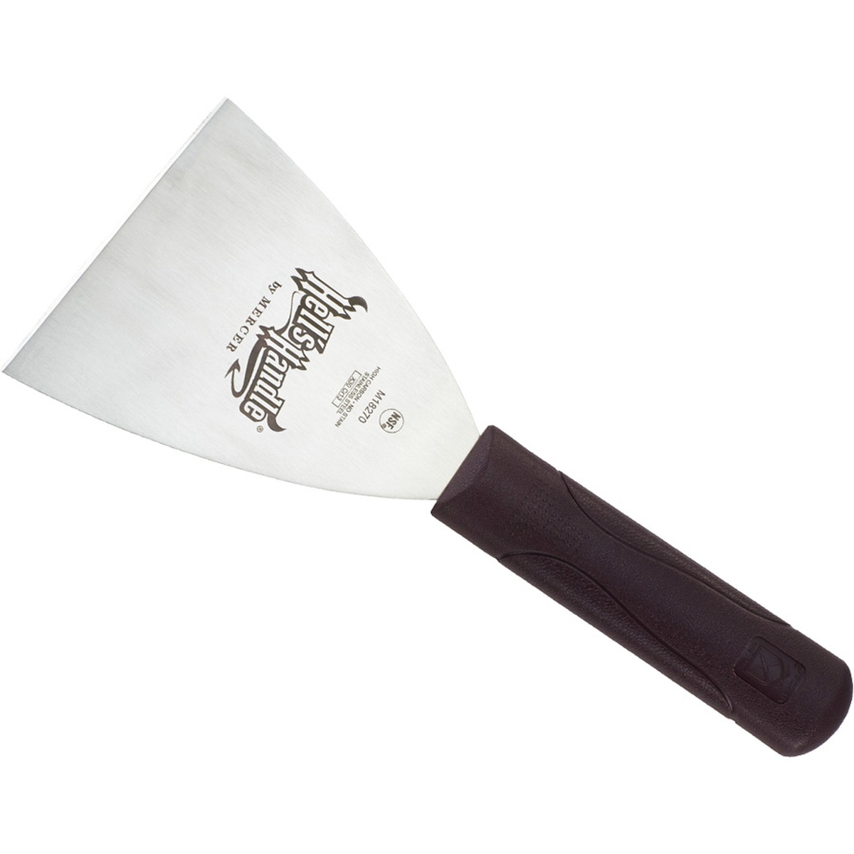 Mercer Culinary Hell's Handle bench scraper angled view showing full blade and handle profile