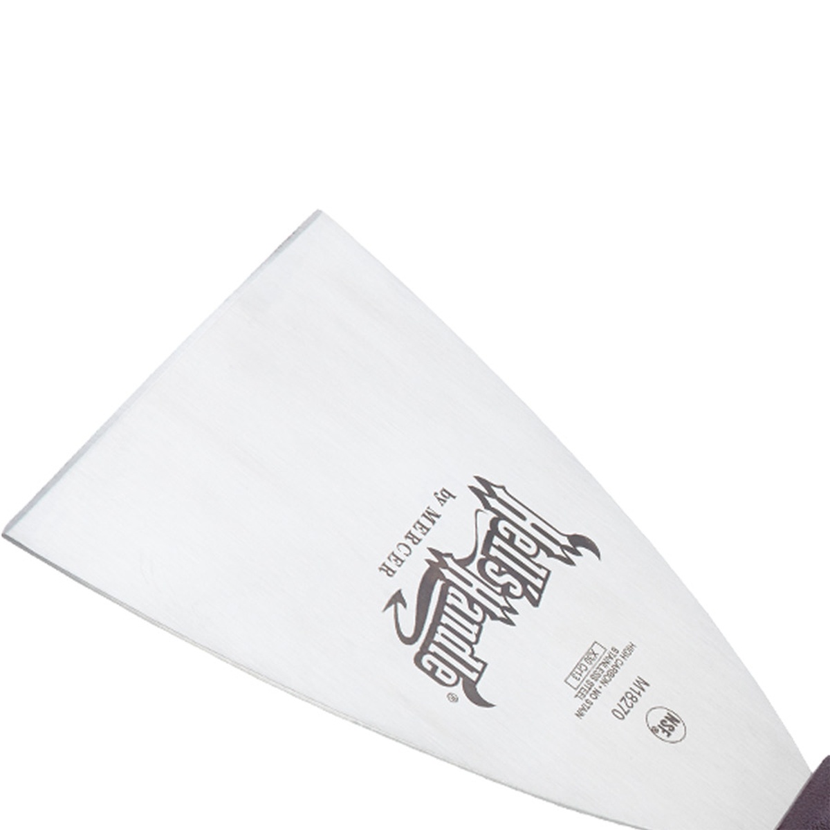 Close-up of Hell's Handle stainless steel blade showing high carbon steel surface and branding