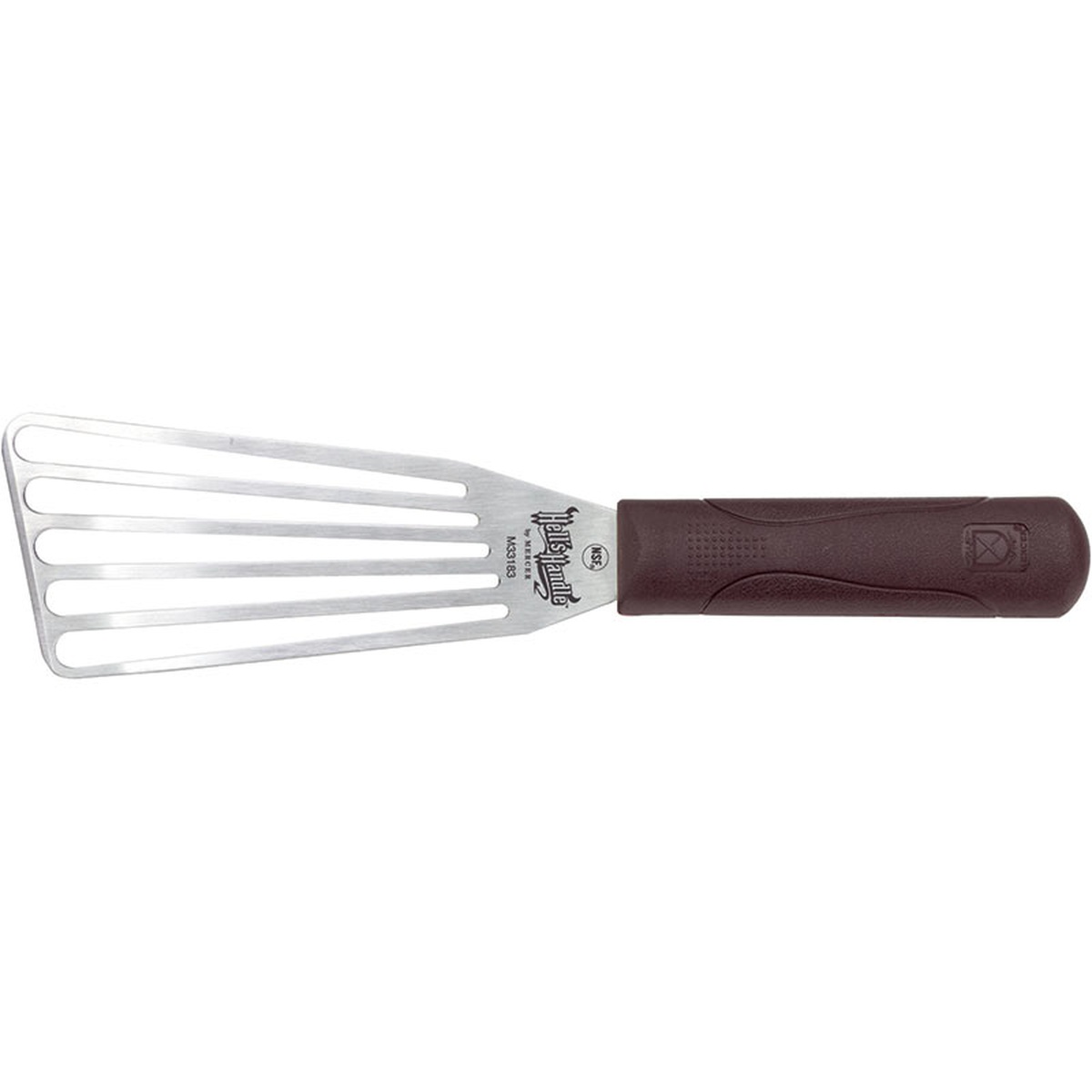Mercer Culinary Hell's Handle fish turner with slotted stainless steel blade and dark nylon handle, side view