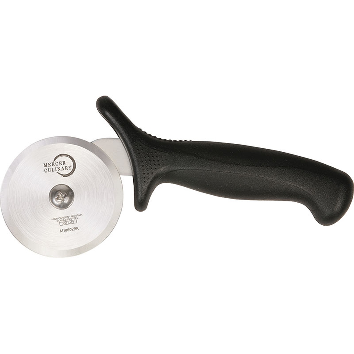 Mercer Culinary M18602BK Millennia pizza cutter with black ergonomic handle and stainless steel wheel