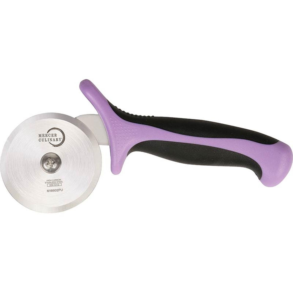 Mercer Culinary M18602PU pizza cutter with purple and black ergonomic handle and high carbon stainless steel wheel blade