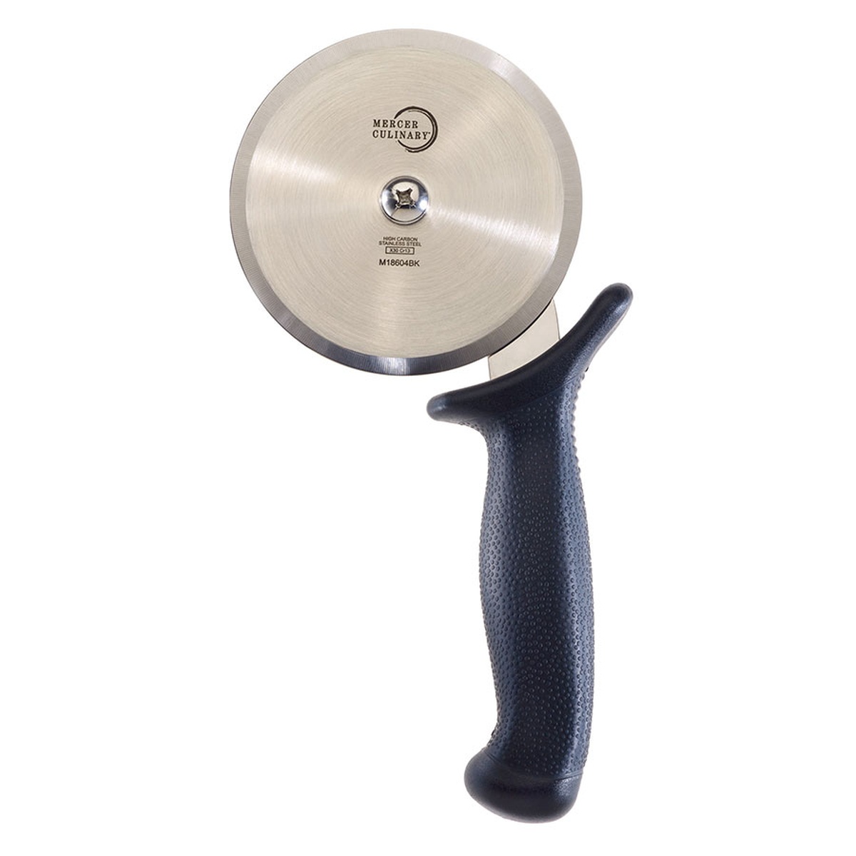 Mercer Culinary M18604BK pizza cutter top-down view highlighting stainless steel wheel face and black handle
