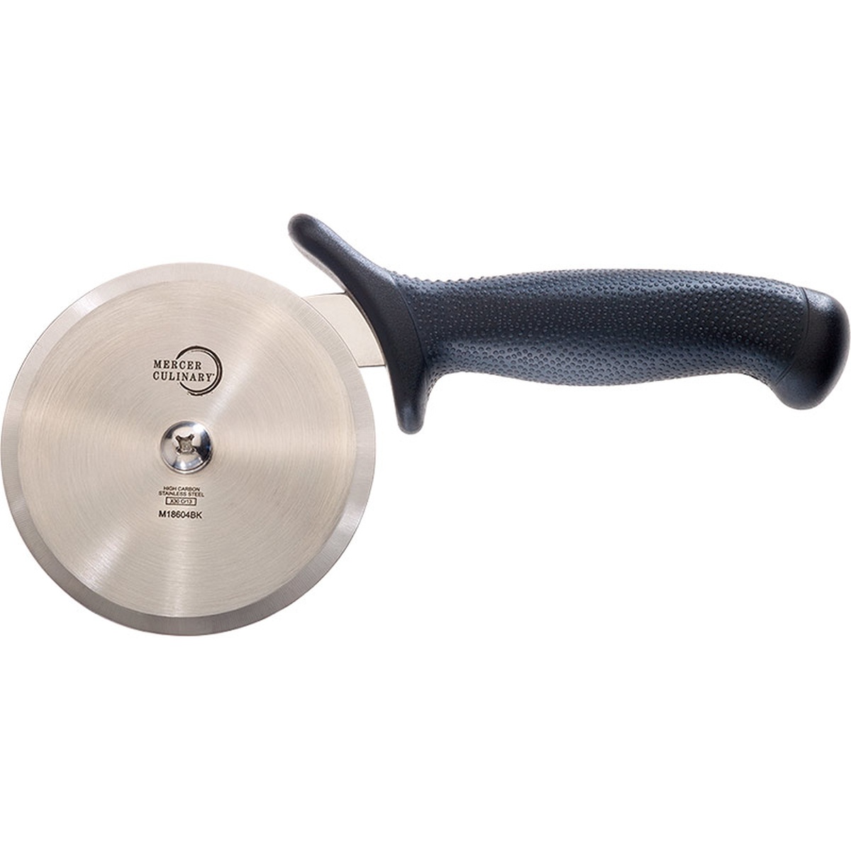 Mercer Culinary M18604BK pizza cutter with stainless steel wheel and black textured handle, front view