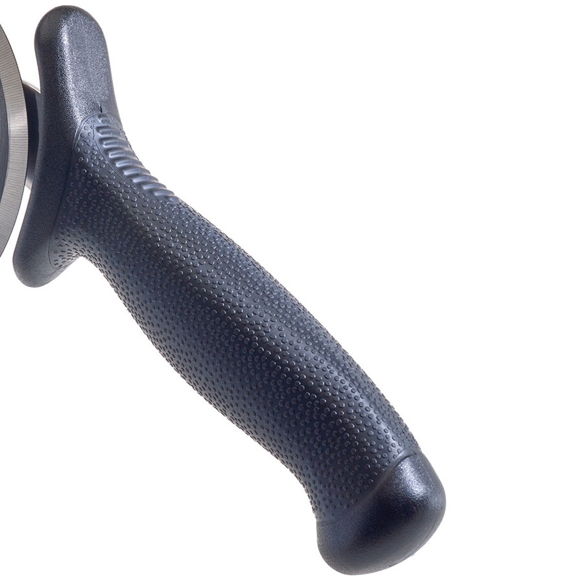 Close-up of Mercer Culinary M18604BK pizza cutter black textured handle showing raised dot grip pattern and finger guard