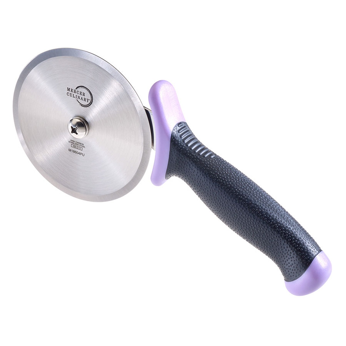 Mercer Culinary Millennia pizza cutter M18604PU angled view showing blade and full handle in purple and black