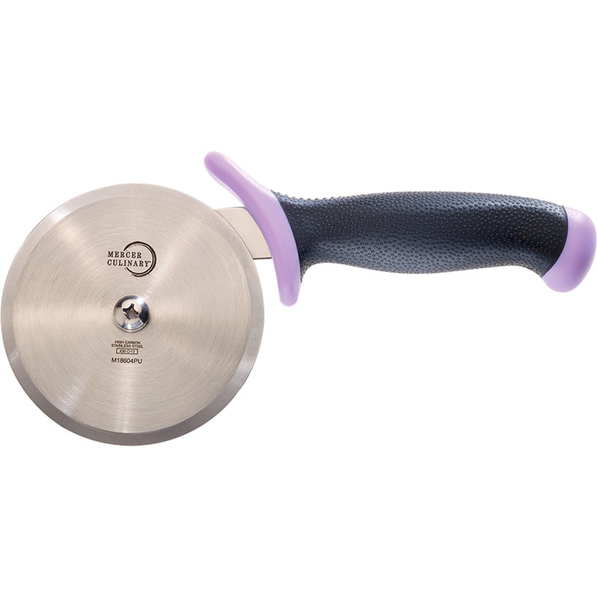Mercer Culinary Millennia purple pizza cutter with steel wheel blade and ergonomic handle, front view