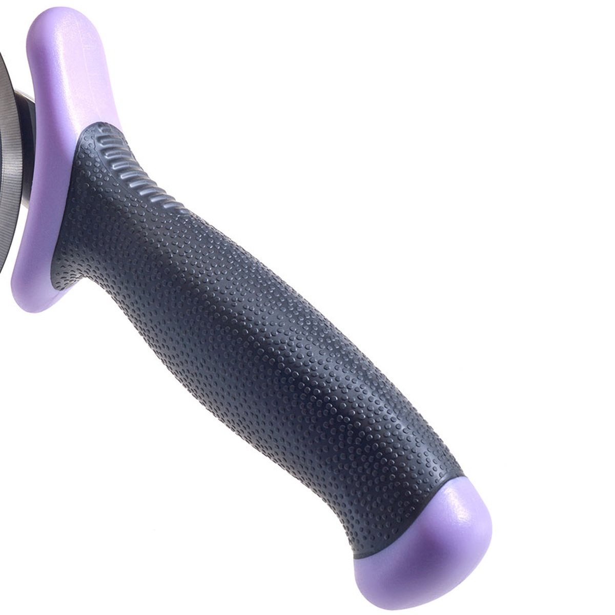 Close-up of Mercer Culinary Millennia pizza cutter handle showing purple Santoprene accents and textured grip detail