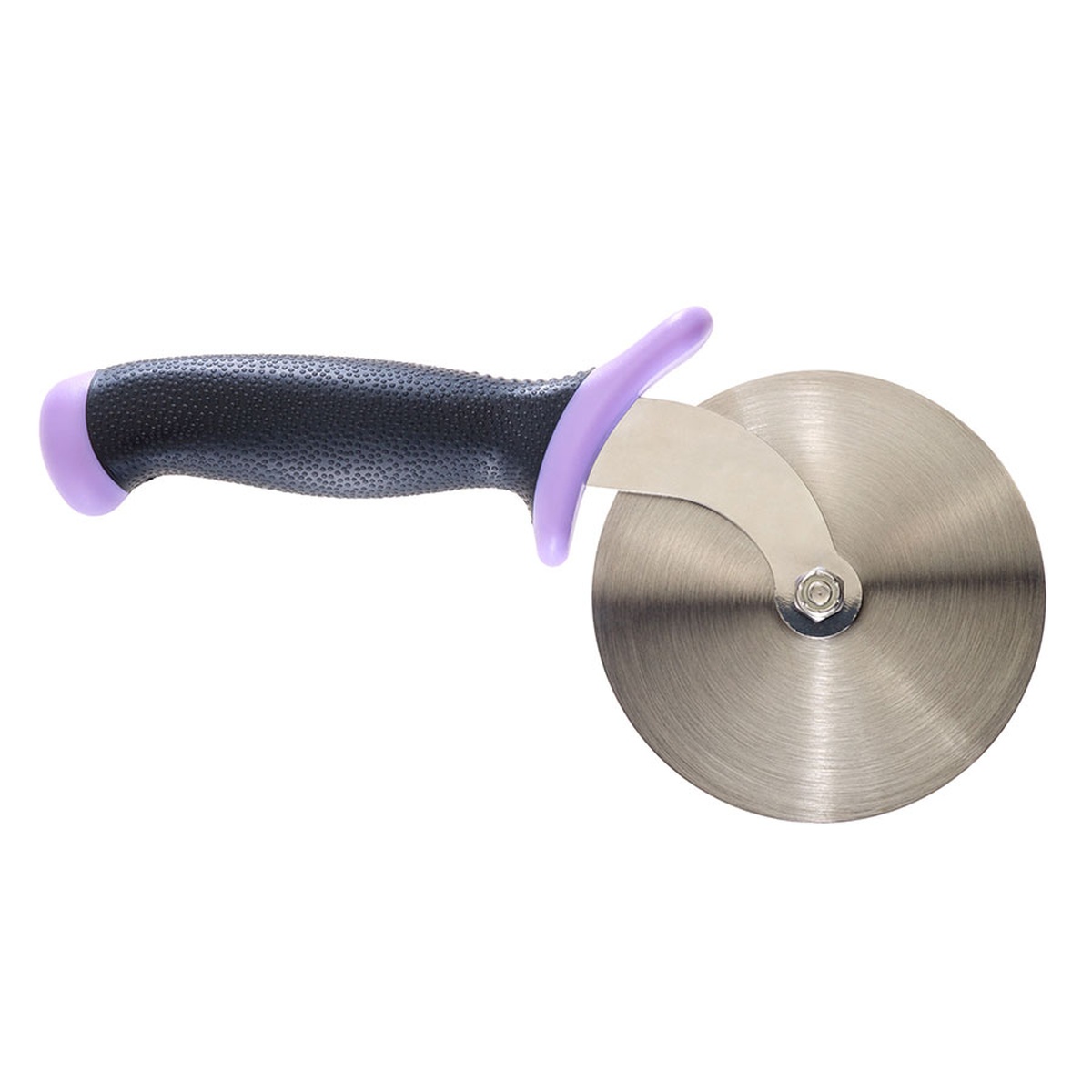 Mercer Culinary Millennia purple pizza cutter showing full profile with wheel blade and textured handle