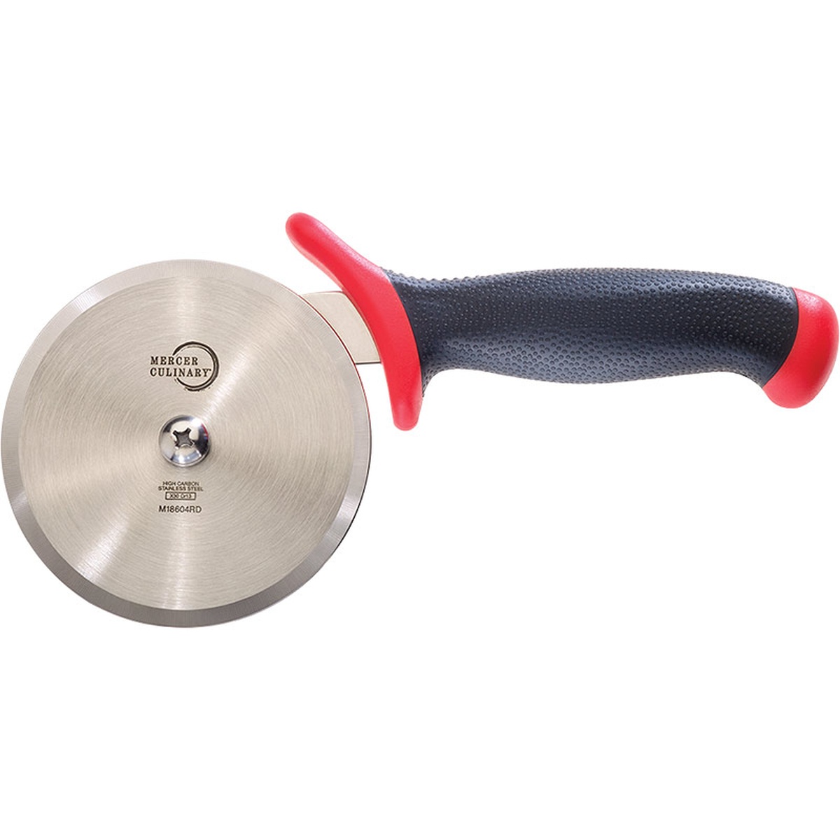 Mercer Culinary M18604RD Millennia pizza cutter with red and black handle and stainless steel blade wheel