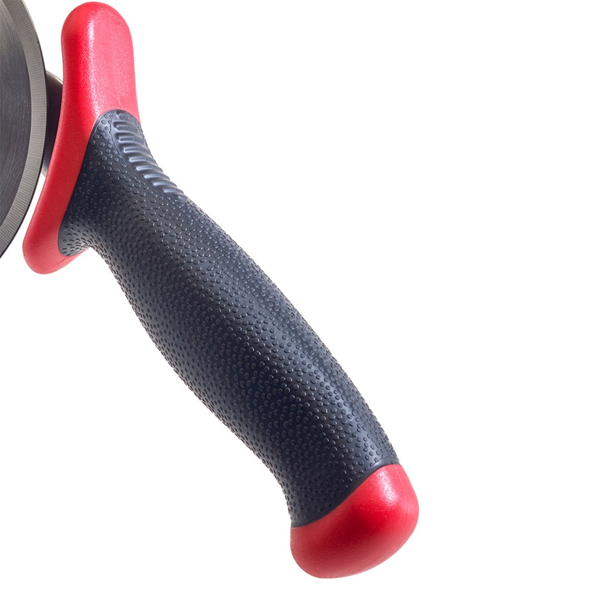 Close-up of the Mercer Culinary M18604RD red and black Santoprene textured ergonomic handle with finger guard