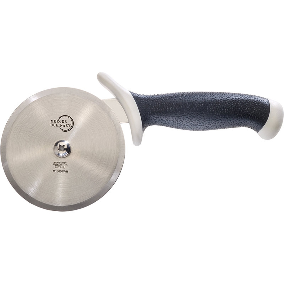 Mercer Culinary Millennia 4-inch pizza cutter with white handle and high-carbon steel wheel blade