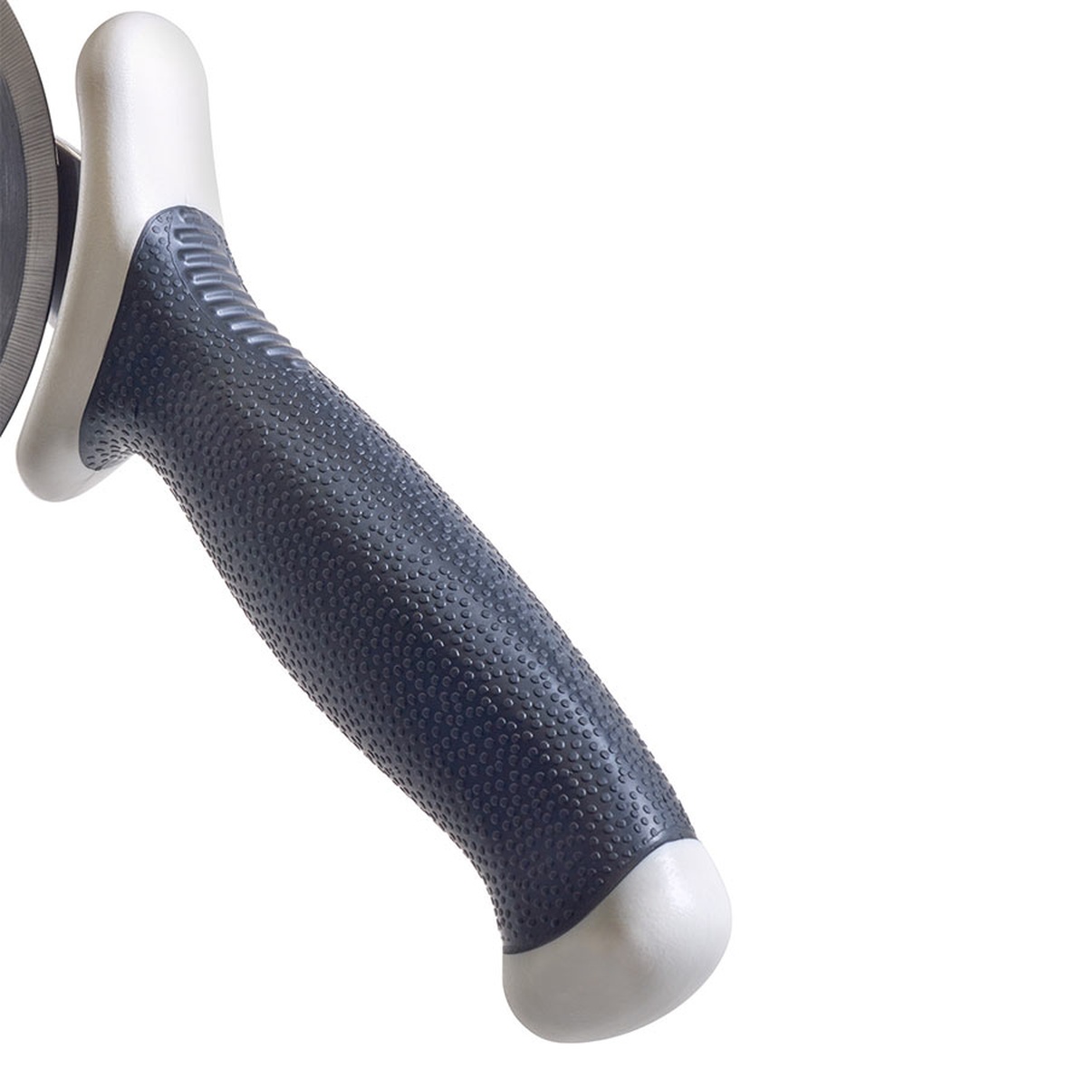 Close-up of Mercer Culinary Millennia pizza cutter handle showing raised Santoprene texture grip and white polypropylene accents