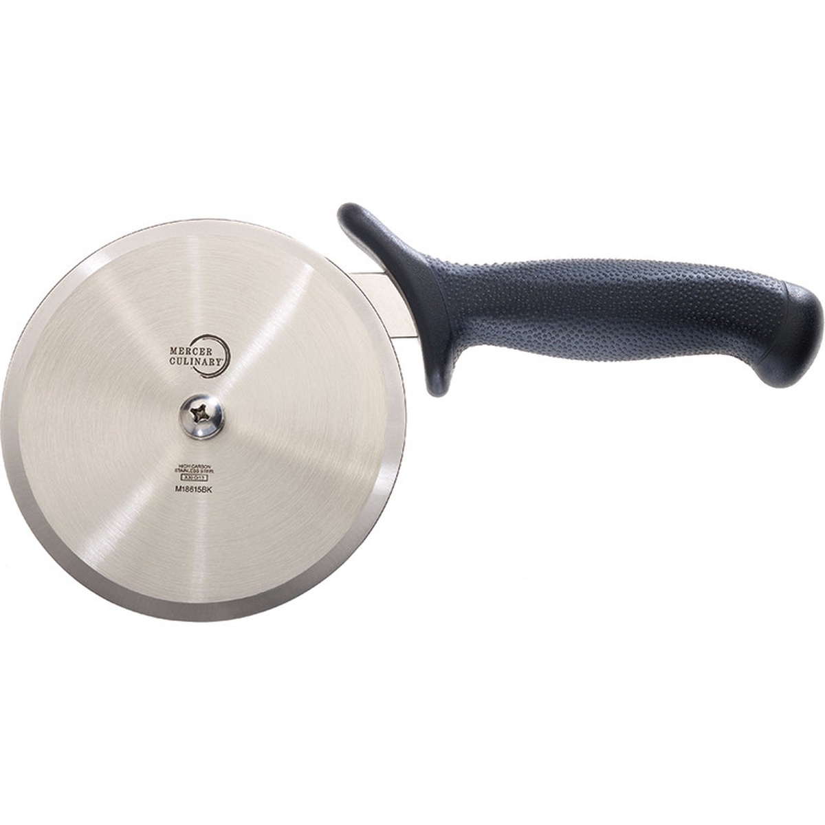 Mercer Culinary Millennia 5-inch pizza cutter with black ergonomic handle and high-carbon steel wheel blade